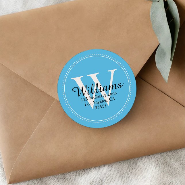 Elegante Monogram Solid Blue Rücksendeadresse Runder Aufkleber (Von Creator hochgeladen)
