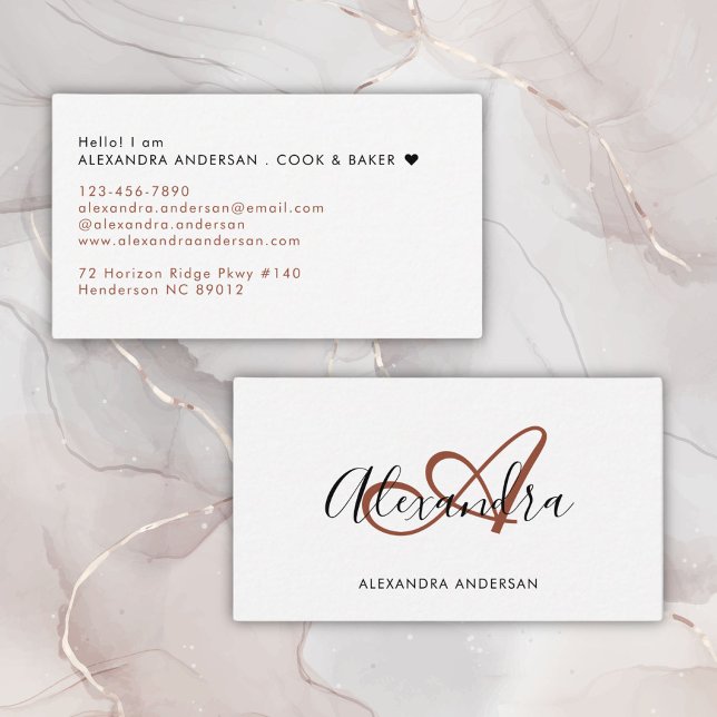 Elegante Monogram Terracotta Orange Script Name Visitenkarte (Elegant Monogram Terracotta Orange Script Name Business Card
)