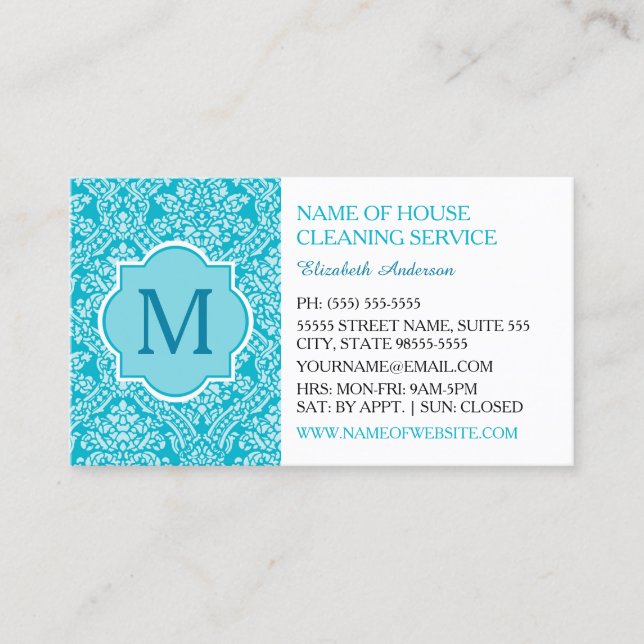 Elegante Monogram Turquoise Damask Housekeeping Visitenkarte (Vorderseite)