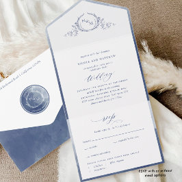 Elegante Monogram und Navy Blue Watercolor Hochzei All In One Einladung