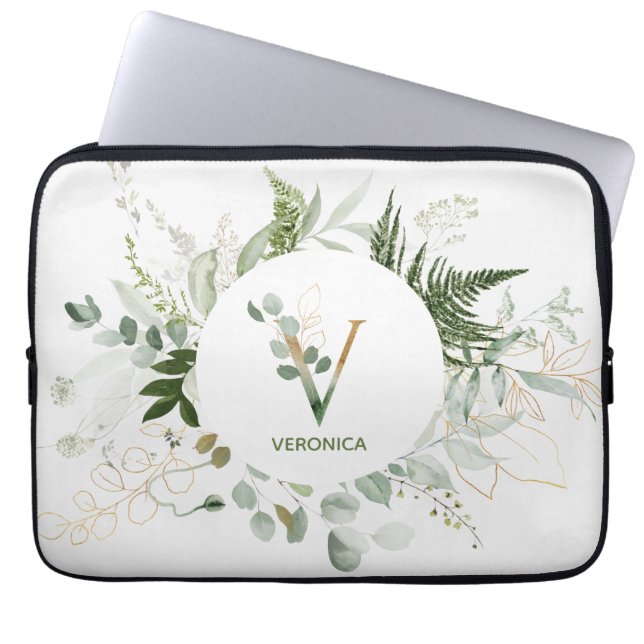 Elegante Monogram V Green Wreath Laptop Sleeve (Vorderseite)