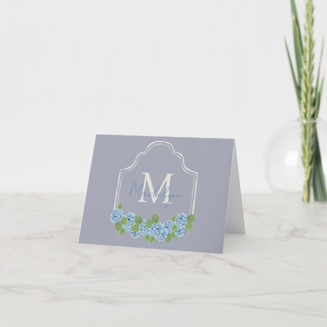 Elegante Monogram Wappen Blue Hydrangea Note Card Dankeskarte (Vorderseite)