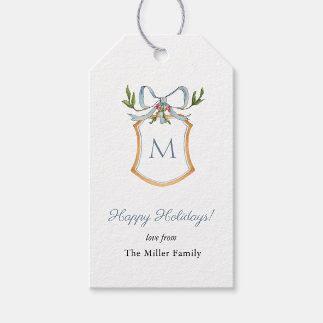 Elegante Monogram Wappen Happy Holidays Geschenkanhänger (Vorderseite)