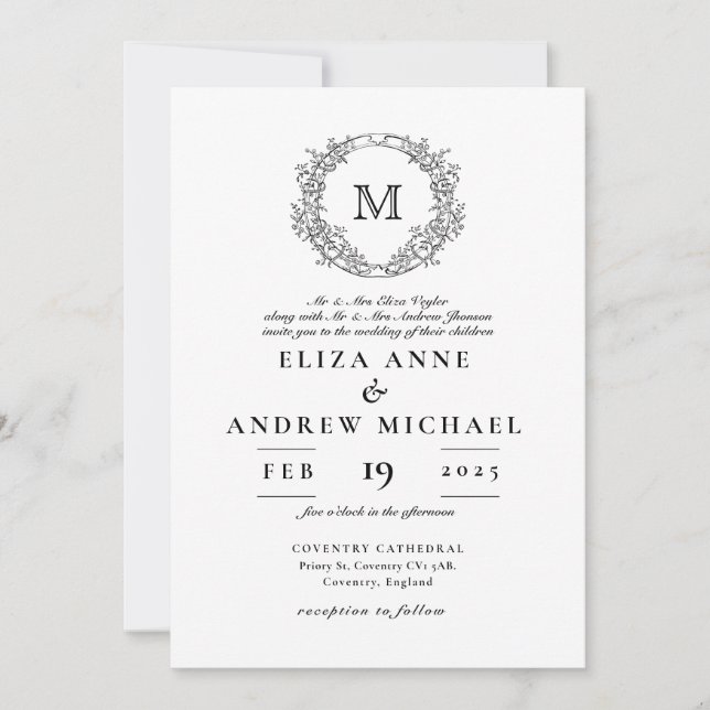 Elegante Monogram Wappen Vintage Wedding Einladung (Vorderseite)