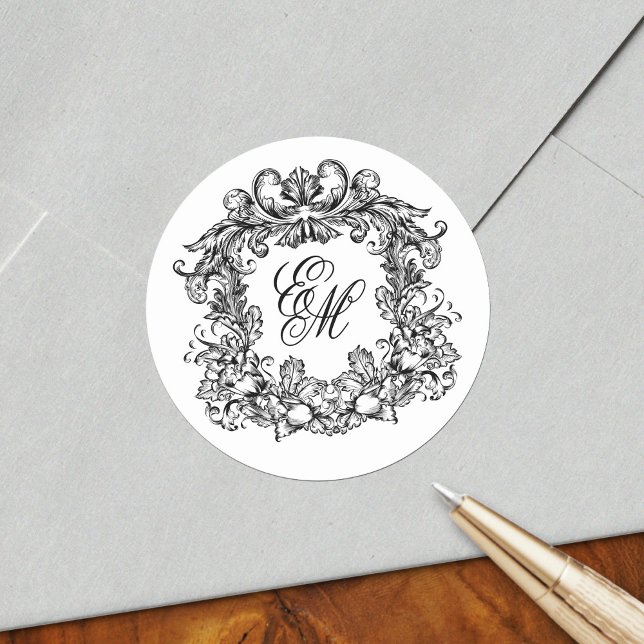 Elegante Monogram Wappen Vintage Wedding Runder Aufkleber (Von Creator hochgeladen)