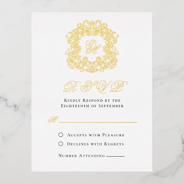 Elegante Monogram Wappen Wedding RSVP Gold Foil Ca Folie Einladungspostkarte (Vorderseite)