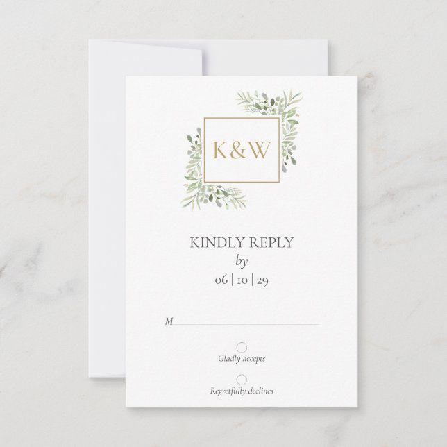 Elegante Monogram Watercolor Greenerity Wedding RSVP Karte (Vorderseite)