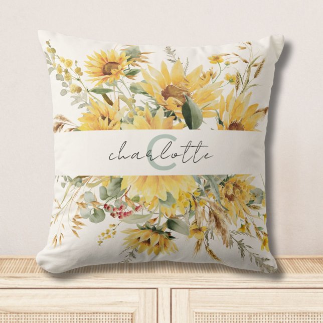 Elegante Monogram Watercolor Sonnenblume Bouquet Kissen (In situ)