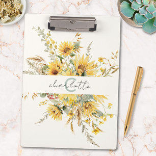 Elegante Monogram Watercolor Sonnenblume Bouquet Klemmbrett