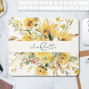 Elegante Monogram Watercolor Sonnenblume Bouquet Mousepad