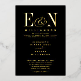 Elegante Monogram Wedding Black Gold Folieneinladung
