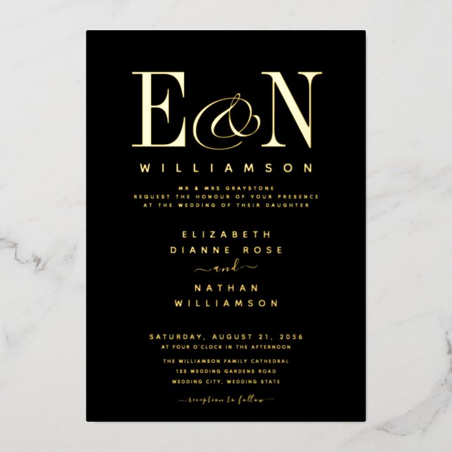 Elegante Monogram Wedding Black Gold Folieneinladung (Vorderseite)