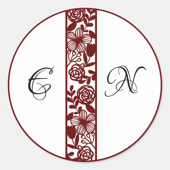 Elegante Monogram Wedding Maroon Round Stickers (Vorderseite)