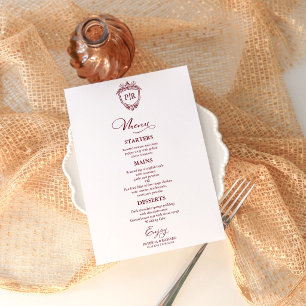 Elegante Monogram Wedding Menu Cards Burgundy Menükarte