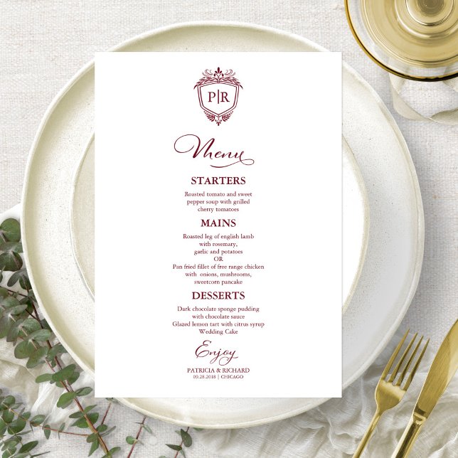 Elegante Monogram Wedding Menu Cards Burgundy Menükarte (Von Creator hochgeladen)