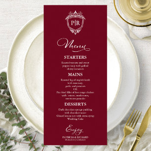 Elegante Monogram Wedding Menu Cards Burgundy Menükarte
