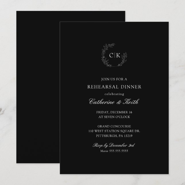 Elegante Monogram Wedding Probe Dinner Invitati Einladung (Vorne/Hinten)