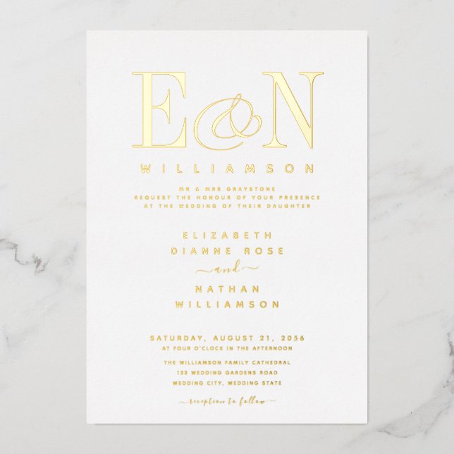 Elegante Monogram Wedding White Gold Folieneinladung (Vorderseite)
