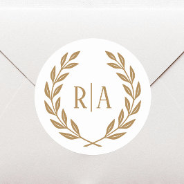 Elegante Monogram Wedding Wreath Gold White Runder Aufkleber