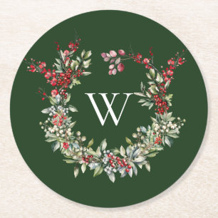 Elegante Monogram Weihnachts-Weihnachtskranz Runder Pappuntersetzer