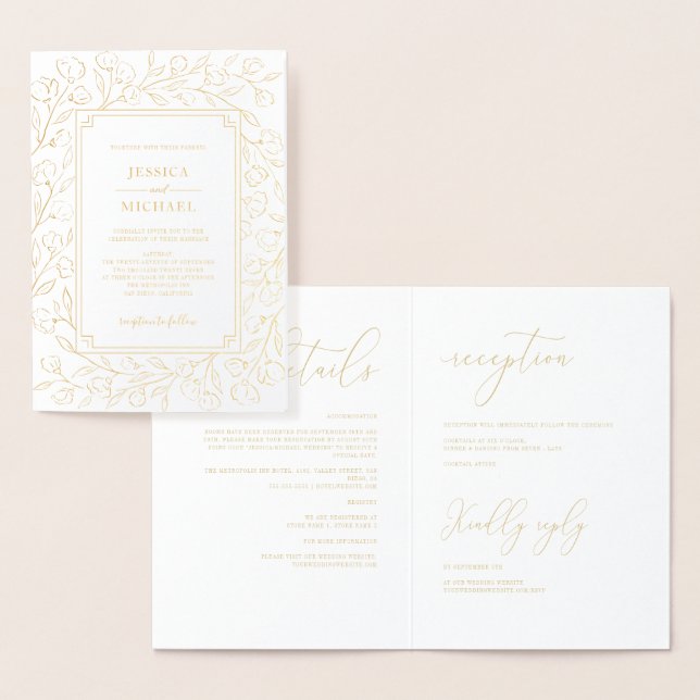 Elegante Monogram White Gold Classic Floral Weddin Folienkarte (Anzeige)
