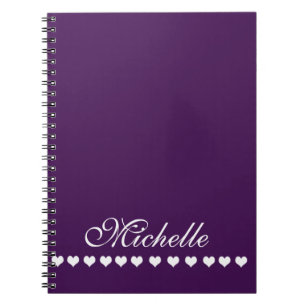 Elegante Monogram White Hearts Eggplant Lila Notizblock