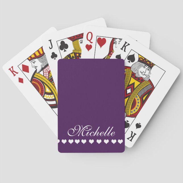 Elegante Monogram White Hearts Eggplant Lila Spielkarten (Rückseite)