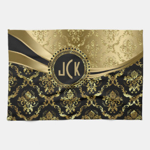 Elegante monogramierte Black & Gold Floral Damasks Geschirrtuch