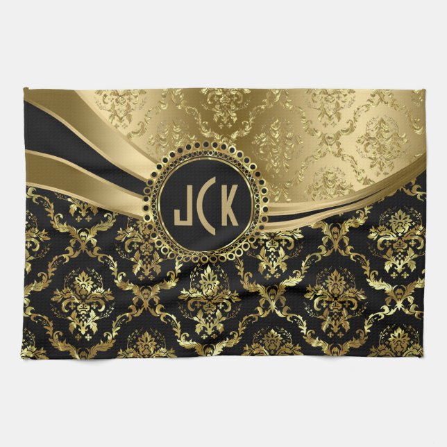 Elegante monogramierte Black & Gold Floral Damasks Geschirrtuch (Horizontal)