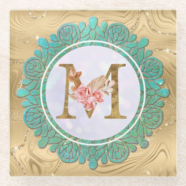 Elegante Monogramm-Anfangsbuchstaben mit Mandala Glasuntersetzer (Vorderseite)