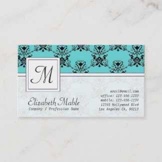 Elegante Monogramm-Blau- und Schwarz-Damast-Print Visitenkarte