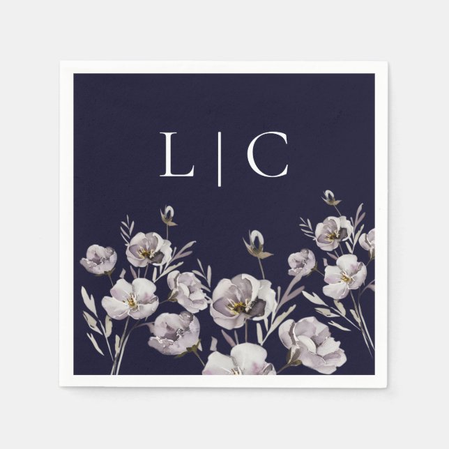 Elegante monogramm dunkle Marine Aquarell-Blume Serviette (Vorderseite)