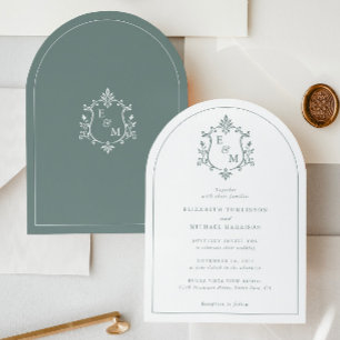Elegante Monogramm-Hochzeit im Salbeigrün-Bogen-St Einladung