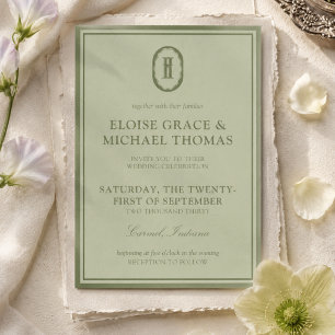 Elegante Monogramm-Hochzeit in Salbeigrün Einladung