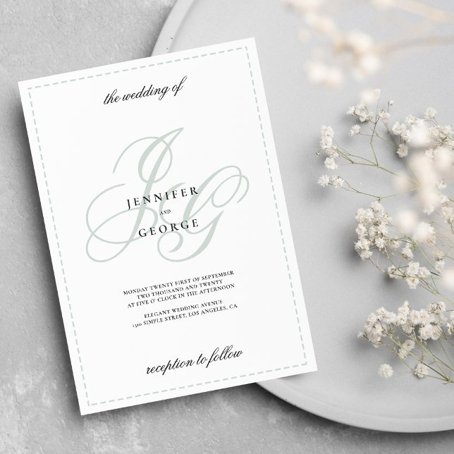 Elegante Monogramm-Initialen Minze grün, weiße Hoc Einladung (Elegant monogram initials mint green white wedding )