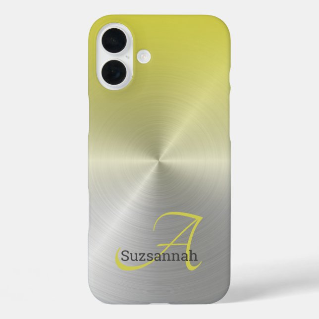 Elegante Monogramm Name Yellow Ombre Imitate Metal iPhone 16 Plus Hülle (Rückseite)