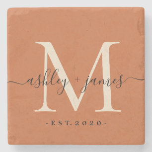 Elegante Monogramm Namen Hochzeitsdatum Burnt Oran Steinuntersetzer