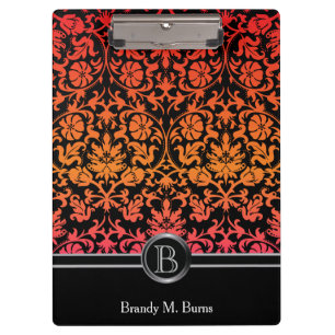 Elegante Monogramm Orange & Pink Floral Damask Klemmbrett