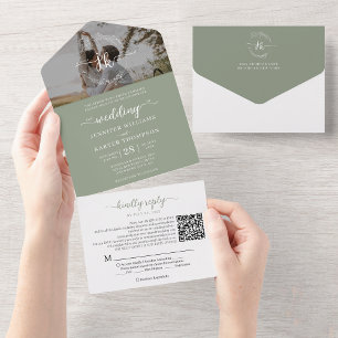 Elegante Monogramm-QR-Code-Foto-Hochzeit in Salbei All In One Einladung