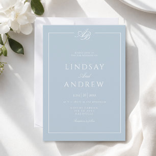 Elegante Monogramm-Rand Blau Weiße Hochzeit Einladung