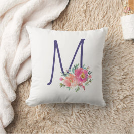 Elegante Monogramm Rosa Wasserfarben-Rose Kissen