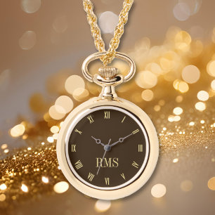 Elégante Monogramme Dames Brown Montre Collier Or