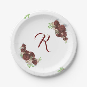 Elegante monogrammierte burgunderrote Rosen-Papier Pappteller