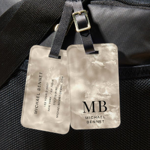 Elegante monogrammierte Elfenbein-Beige-Perlen-Tex Gepäckanhänger