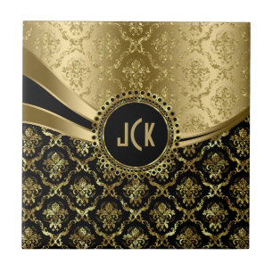 Elegante monogrammierte schwarze und goldene flora fliese
