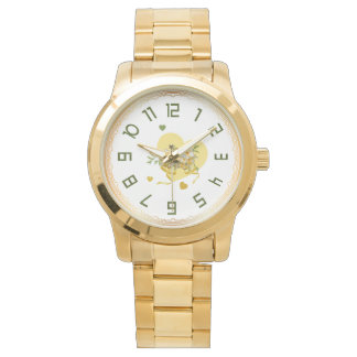 Elégante montre à poignet avec coeur doré et fleur