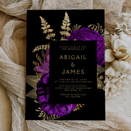 Elegante Moody Dark Floral Lila Gold Wedding Einladung