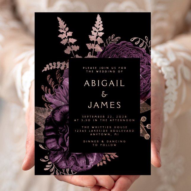 Elegante Moody Dark Floral Lila Rose GoldWedding Folieneinladung (Von Creator hochgeladen)