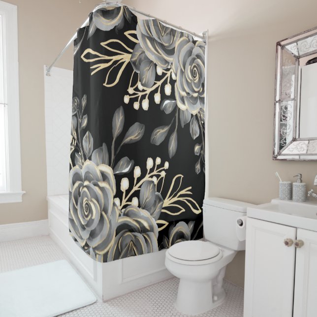 Elegante Moody Gray Floral Gold Schwarze Wasserfar Duschvorhang (Beispiel)