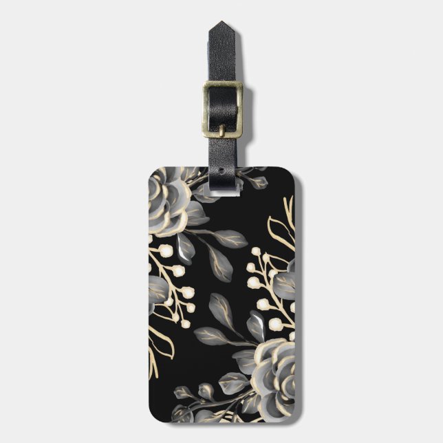 Elegante Moody Gray Floral Gold Schwarze Wasserfar Gepäckanhänger (Vorderseite vertikal)